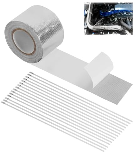 TAKONE Värmeskyddsband avgasrör 5 cm x 10 m med 15 buntband | Självhäftande, upp till 800 °C, aluminiumfolie, inkl. 15 buntband av rostfritt stål
