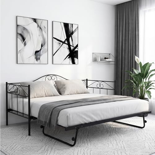 Panana Twin Size Luxury Metal Daybed with Pull Out Trundle Sofa Bed Platform with Headboard (Black, StyleB-Daybed with Trundle)