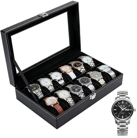 Watch Box with 12 Slots, Watch Storage Box with Glass Lid, Black PU Leather | Watch Display Box with Removable Watch Pillows, Watch Cases for Men and Women, Metal Clasp, Watch Travel Case, Gift Idea