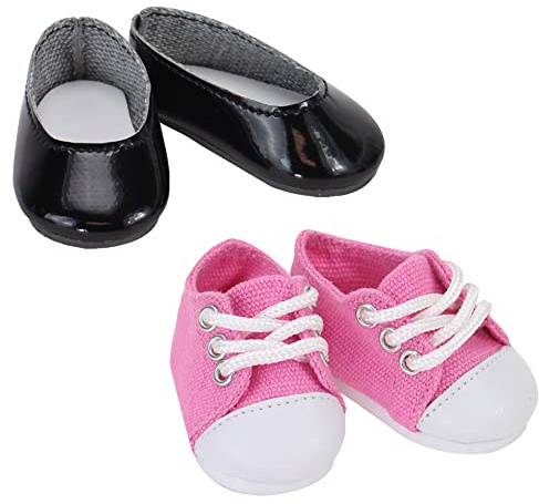 Sophia's Shoes Pack Set Includes Dressy Black Faux Patent Leather Flats and Pink Canvas Sneakers with Laces for 14.5 Dolls