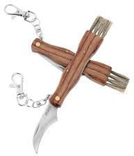 Coltello per funghi caccia e pesca con spazzola, lama in acciaio curva manico in legno