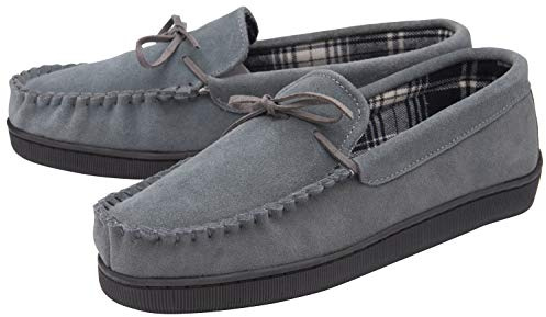 Dunlop - Mens Real Suede Leather Faux Sheepskin Fur Plush Fleece Lined Moccasin Slippers - Memory Foam - Rubber Sole - House Bedroom Indoor