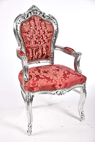 Luxuriöser Barocksessel aus Holz mit Blattmotiv, silberfarben, roter Stoff