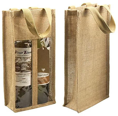 DIWNELEM 1 Pack Burlap Wine Gift Bags with Two Window Double Window Two Bottles Burlap Jute Wine Bottle Bag for Wedding, Party Favors, Christmas, Holiday and Wine Tasting Party