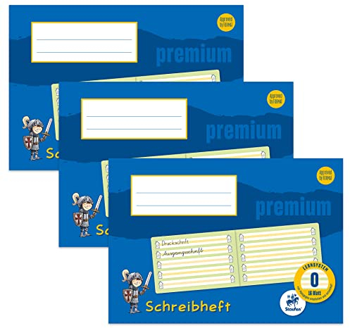 Staufen Premium Schreiblernheft - DIN A5 quer, Lineatur 0 mit farbiger Mittelzeile, 16 Blatt, 90g/m² Premium Papier, 3 Stück