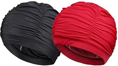 Golden Apple 2Pack Nylon Soild Color Ladies Swimming Hat Pleated Style Swim Cap Long Hair Swimming Cap for Men Women