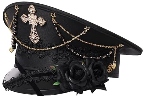 Unisex Steampunk Militär Kapitän Zylinder Hut Festival Rave Halloween Karneval Kostüm Hut Lolita Rose Kreuz Kappen(Schwarz)