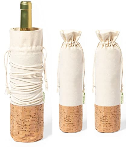 noTrash2003 Juego de 3 bolsas de vino, bolsas de vino, bolsas de vino de algodón orgánico con base de corcho natural, sostenible, portabotellas, beige, 34 cm x 8 cm, Bolsa para botellas
