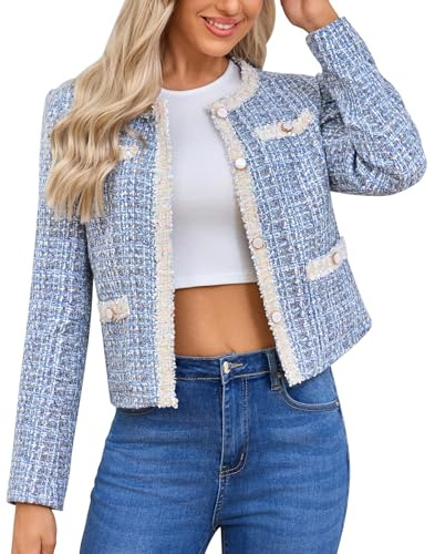 Xaspee Women's Tweed Blazers Cropped Long Sleeve Crewneck Open Front Lace Trim Lightweight Plaid Work Blazer Jackets (Blue, M)