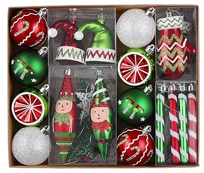 Victor's Workshop 40 Weihnachtskugeln für Weihnachtsdeko, 6-12cm Christbaumkugeln Christbaumschmuck Geschenkpaket, Weihnachtsbaumschmuck mit Aufhänger,deko Weihnachten,Thema Rot Grün Weiß