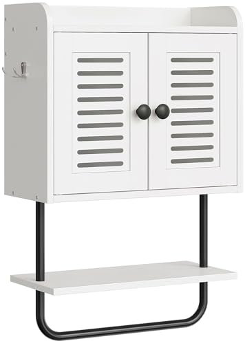 HOOBRO Medizinschrank, Badezimmerschrank, Wandschrank für Badezimmer, Küchenschrank, Badschrank mit Fensterläden und Handtuchhalter, verstellbares Regal, 2 Haken, Weiß und Schwarz EBW46CW01