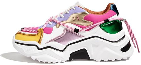LUCKY STEP Damen Plateau Sneaker Bunte Retro Chunky Dad Schuhe Modische Farbblock Turnschuhe für Alltag & Spaziergänge (Lila/Pink, 10US-40EU-7UK)