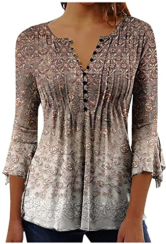 AnnSemo 3/4 Sleeve Tops for Women UK Summer V Neck Button Down Shirts Elegant Floral Printed Tunic Tops Flowy Pleated Blouses Casual Going Out Vintage Plus Size T-Shirts