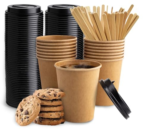 OKIM-R, Lot de 100 gobelets jetables pour café avec couvercle et dissolvant, gobelets en papier kraft jetables, gobelets avec couvercle jetables, gobelets à café de 240 ml.