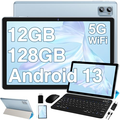 Oangcc 2025 Newest Android Tablet 10 Pulgadas, 12 GB RAM+128 GB ROM(TF 1TB), 8-Core 2.0GHz, 5G+2.4G WiFi, BT 5.0, Dual Camera GMS Tablets, Baterías 6000mAh, Tablet con Teclado, Ratón y Funda - Azul