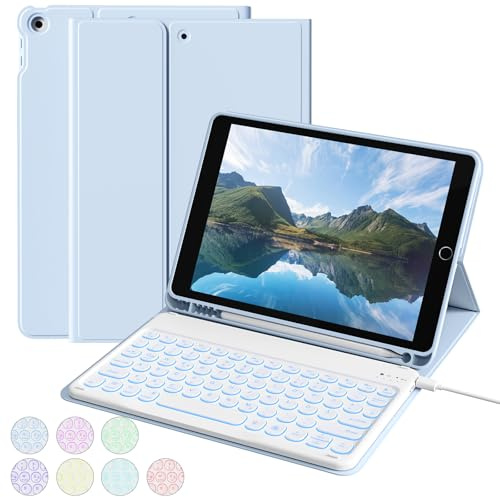 aoub Hülle mit Tastatur für iPad 9./ 8. / 7. Generation, Beleuchtete Tastatur mit Hülle für iPad 10,2 Zoll 2021/2020/2019, 7 Farben Beleuchtung, QWERTZ Layout, Blau
