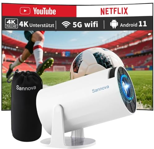 Sannova Miniprojektor, projektor 4k 1080P stöd, 5G WiFi, 200 ANSI, Android 11, automatisk trapetskorrigering, 180° roterande funktion – bärbar smart hemmabioprojektor med stötsäker transportväska