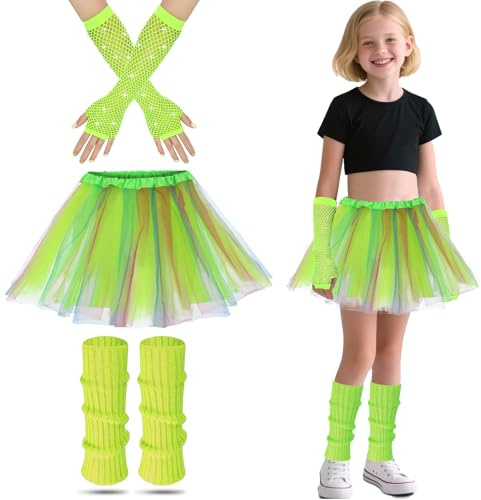 AffeGifts Déguisement Année 80 Fille, Deguisement Disco Enfant Filles Néon Jambes Chauffers Filets Gants et Robe Fantaisie Tutu Pour Les Années 1980 Fête à Thème Discothèque Fête Costume (Vert)