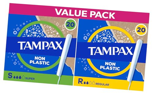 Tampax Super + Tampax Regular Tampons Bundle - 40 Count (20 of Each) Cardboard Applicator Medium & Ligth Flow Protection in One Pack