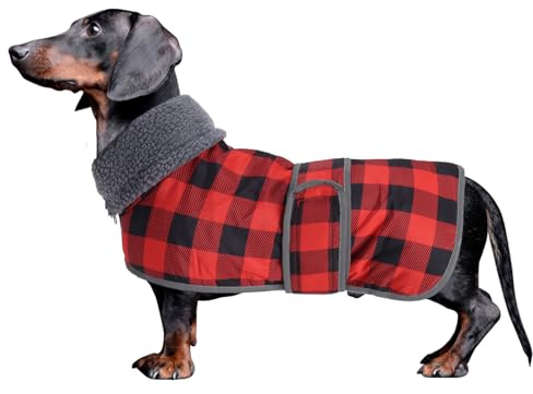 Geyecete sausage dog coat grid dachshund waterproof coat Dog Winter Coat Thermal Quilted,with warm flannel Lining Outdoor Dog-Red-M