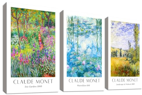 3 Pcs Wooden Framed Canvas Wall Art Set Claude Monet Water Lilies Painting on Canvas Prints Poster Vintage Impressionist Botanical Pictures for Living Room Bedroom Hallway Wall Decor 30x40 cm x3pcs