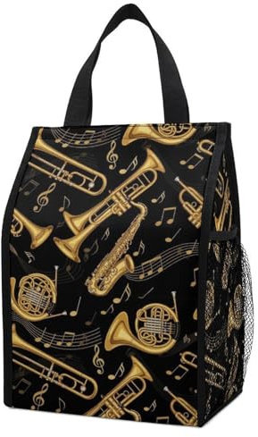 FOSKERV Insulated Lunch Bag for Adults, Thermal Bag Lunchbox for Picnic Office, Leak Proof Cooler Bags for Drinks, Fruits, Gold Trumpet Trombone French Horn Black
