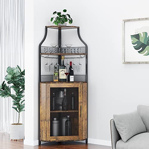 Garvee Armario de Vino Esquinero, Mueble Bar Industrial de 5 Niveles con Botellero y Porta Copas, Estantería para Vinos con Puerta de Malla para Salón y Comedor, Marrón Rústico