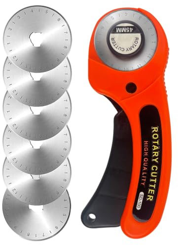 45 mm sömnadskniv för tyg och läder, roterande kniv med säkerhetslås, ergonomiskt handtag för höger- och vänsterhänt, set med 7 utbytbara blad för sömnad, lapptäcke och hantverk