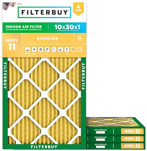 Filterbuy 10 x 30 x 1 luftfilter MERV 11 överlägset husdjurs- och allergiförsvar (4-pack), elektrostatiskt veckad HVAC ugnsfilter, tillverkad i USA (faktisk storlek: 9,50 x 29,50 x 0,75)
