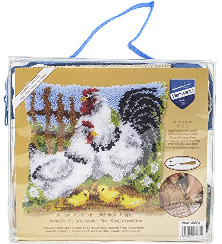 Vervaco knappkudde kycklingfamilj på bondgården knappförpackning, bomull, flerfärgad, 40 x 40 x 1 cm