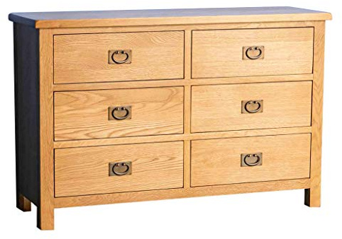 RoselandFurniture Surrey Oak 3+3 Chest of Drawers Large & Wide | Traditional Rustic Waxed Solid Wood 6 Drawer Storage Chest for Bedroom, Fully Assembled, 38 x 120 x 78 cm