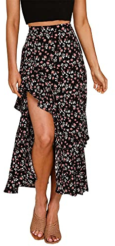 BTFBM Women 2026 Spring Summer Long Skirts Dress Boho Floral Elastic Waist Split Ruffle High Low Beach Maxi Skirt Clothes(Z-Black, Small)