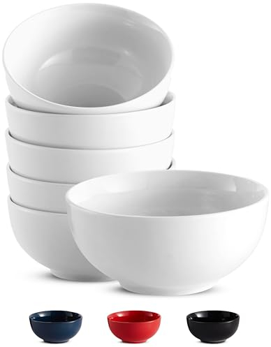 KooK Ceramic Cereal Bowls, Microwave, Dishwasher and Freezer Safe, Porcelain Dishes for Soup, Pasta, Salad, Oatmeal, Deep Interior, 20 oz, Set of 6 (White)