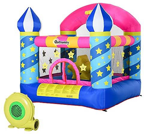 Château Gonflable Outsunny avec Panier pour 2 Enfants Château Gonflable avec soufflerie Maison de Jeu pour 3-12 Ans Tissu Oxford, Tissu Polyester Multicolore 195 x 195 x 215 cm