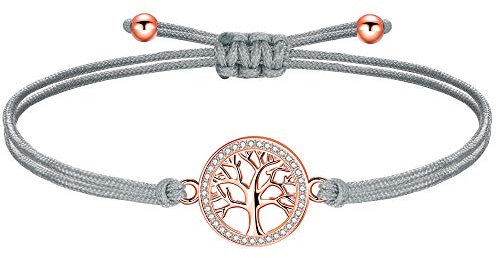 ZENI Lebensbaum Armband Roségold für Junge Mädchen, Handgefertigtes Stoffarmband Grau Verstellbar 16+8cm für Damen, Geburtstagsschmuck Geschenke für Kinder