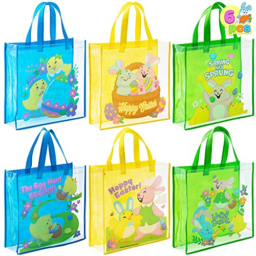 JOYIN 6 Stück Oster Geschenktüten, 33 x 33 x 10,2 cm große Geschenk Taschen mit Griffen für die Ostereiersuche, Wiederverwendbare Osterhasen Tasche für Kinder Partyzubehör