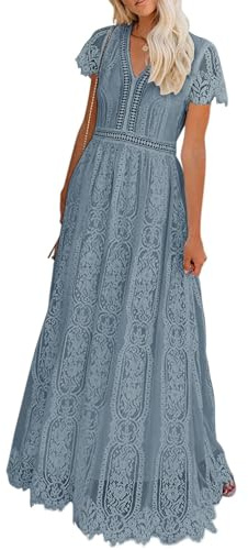 MEROKEETY Women's 2026 V Neck Short Sleeve Floral Lace Wedding Dress A Line Boho Bridesmaid Cocktail Party Maxi Dress, GrayBlue, XX-Large