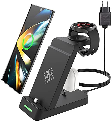SPGUARD 3 en 1 Wireless Charger Compatible para Samsung Galaxy Z Fold 7/Flip 7/FE/S25/S24/Estación de Carga Activa para Galaxy Watch Ultra 2025/Watch 8/7/6/5/Buds 3 Tipo C Múltiples Dispositivos