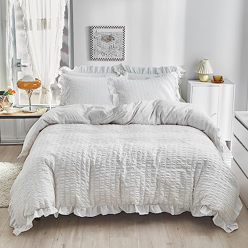 DXHOME Seersucker Sängkläder, 135 x 200 cm, vit, enfärgad, volang, påslakan, mikrofiber, fluffig och lätt ungdom, tonåring, flicka, påslakan med dragkedja + 1 örngott 80 x 80 cm