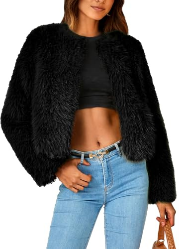PRETTYGARDEN Women's 2025 Winter Coats Fleece Cropped Jacket Faux Fur Long Sleeve Pockets Shaggy Warm Outerwear Fall Clothes (Black,Medium)