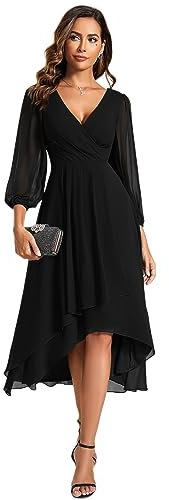 Ever-Pretty Women's V Neck 3/4 Sleeves Pleated A-Line Midi Length Chiffon Dresses for Wedding Guest Black 14UK