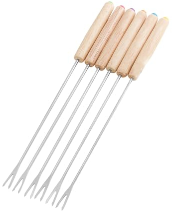 Tenedores para Fondue de Acero Inoxidable, Paquete de 6, Pinchos Reutilizables para Fondue,de Madera, Fondue de Chocolate y Queso, Picnics, Camping