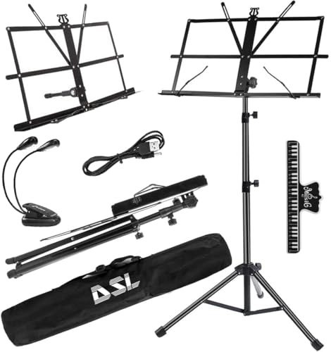 DSL Music Book Stand - Music Stands for Sheet with Lights & Carrying Bag - Metal Sheet Music Stand Sturdy, Portable, Foldable, Heights Adjustable, Black
