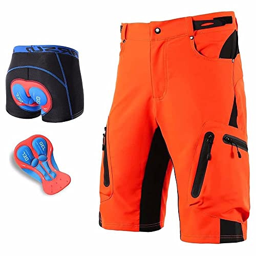 SMTSEC Pantalons VTT pour Hommes Shorts De Cyclisme Baggy Rembourrés, Shorts De Vélo De Descente avec sous-Vêtements De Cyclisme en Gel 5D Shorts De Cyclisme Respirants À Séchage Rapide,Orange-L