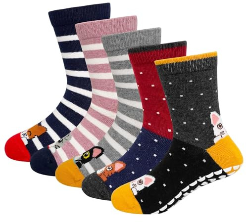 ZFSOCK Calcetines Antideslizantes Niña Divertidos: Algodón Coloridos Estampado de Animales de Dibujos Animados Conejo Oveja Gato Zorro Termicos Calcetines Bebe Niño 5-7 Años 5 Pares 27-30