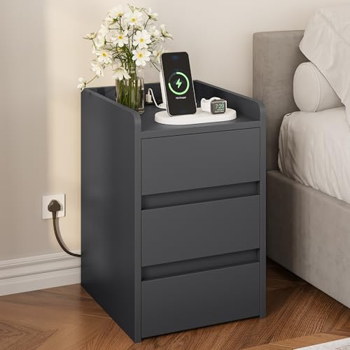 YITAHOME Bedside Table with 3 Drawers and Power Station, Modern Nightstand End Table, Water-Resistant Storage Side Table for Living Room and Bedroom, 35 x 40 x 59cm (Grey)