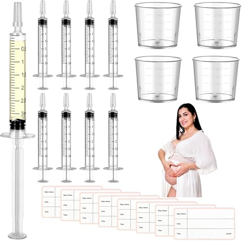 Kit de recolector de calostro de 50 piezas de 3 ml, colector de leche materna con 4 tazas medidoras y 54 calcomanías, colección de calostro, kit de cosecha de calostro con tapa protectora para