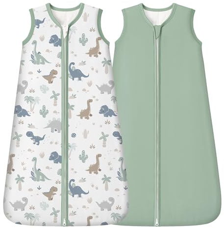 FIEMOL Rayon Made from Bamboo Baby Sleep Sack 12-18 Months, 1.0 Tog Baby Wearable Blanket, Soft Sleeping Bag for Infant Toddler Babies with 2-Way Zipper 2 Pack (Large) Green Dinosaur