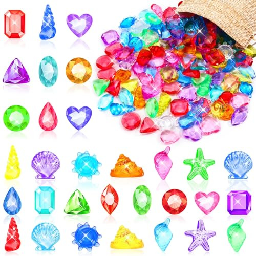 MARFOREVER 150 Pcs Diving Gems Pool Toys, Colorful Acrylic Diamond Fake Gemstones Pirate Treasure Jewels with Burlap Bag for Vase Filler Summer Mermaid Bath Toys Beach Underwater Party Favors