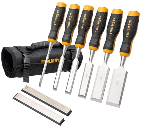 TOOLMAYS Ciseaux à Bois En Cr-V 6 PièCes, 6, 12, 18, 24, 32, 38 mm, Gouge A Bois Avec Pierre à Aiguiser Et Sacoche Pour Menuiserie Sculpture